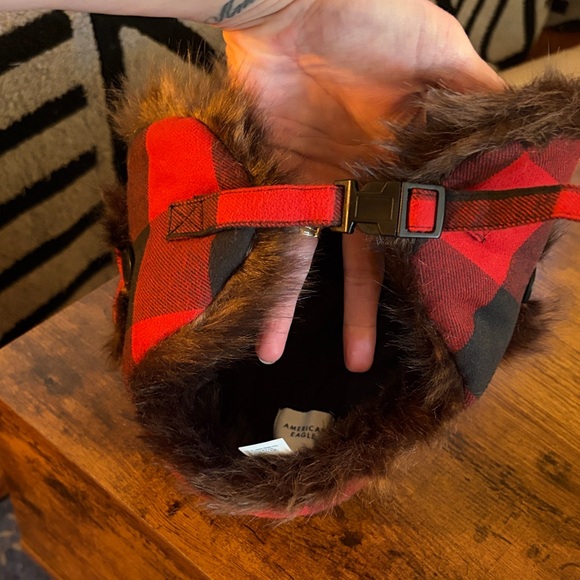 American Eagle NWT Red & Black Plaid Trapper Hat with Faux Fur. OS Two available - Picture 3 of 6